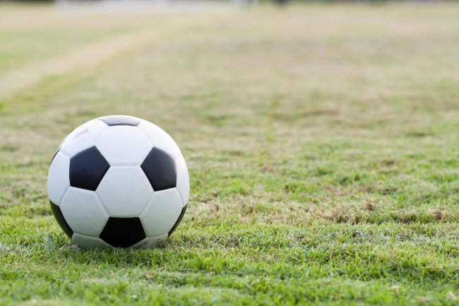 The ball in grass. The sideline. Fresh green grass. Black and white ball.